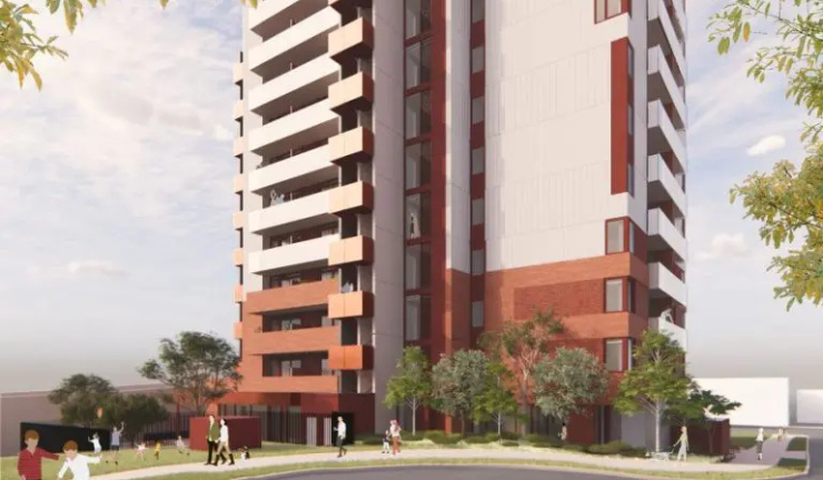 Architectural rendering of an 11‑storey residential apartment building with a mix of white, red and brick façade elements, surrounded by landscaped trees and open green space with people walking and playing in the foreground